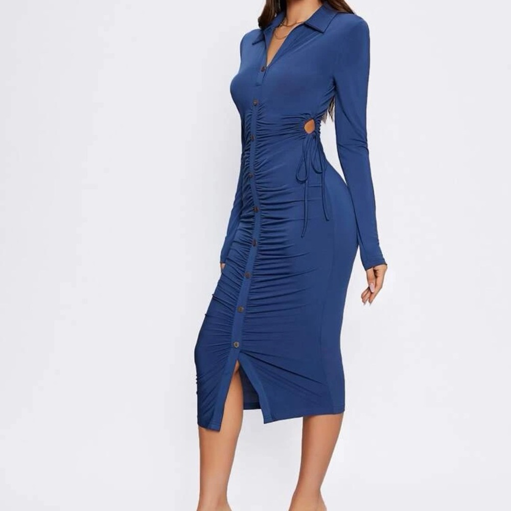 Blue Midi Dress with Open Ruched Sides
